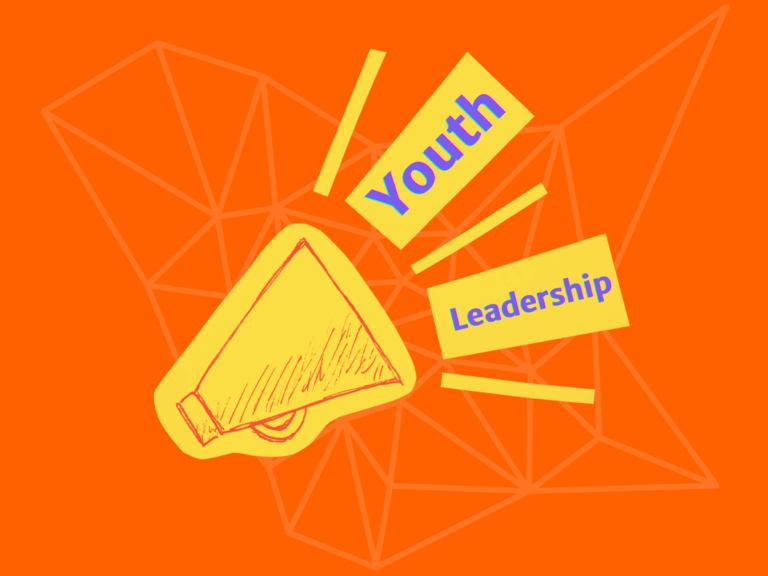 Illustration of a yellow megaphone on an orange background with geometric line shapes. Yellow rectangles with purple text read “Youth” and “Leadership.”